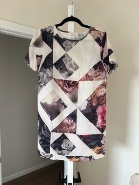 Shakuhachi White Floral Geometric Mini Dress with Pink Accents